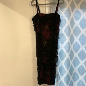 Torrid Midi Mesh Shirred Bodycon Dress, sz 1, black w/black & floral underskirt